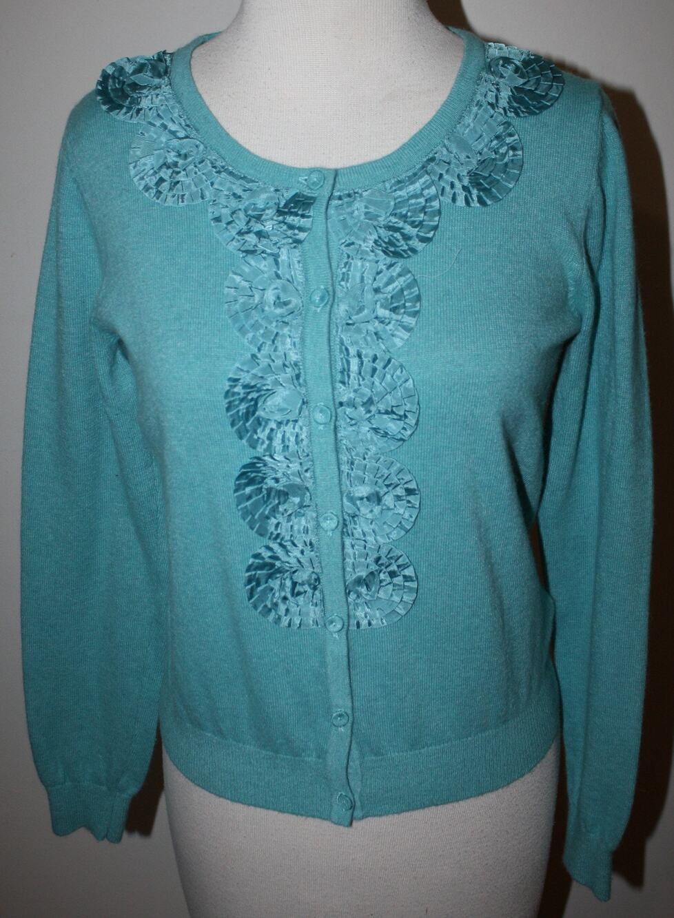BODEN Turquoise Blue Cardigan Sweater 6 Ribbon Floral Front LS Button Front